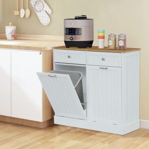 kinbor Double Tilt Out Trash Cabinets - Wooden Kitchen Trash Cabinet Bin, Free Standing Trash Can Holder & Recycling Cabinet with Hideaway Drawers, White