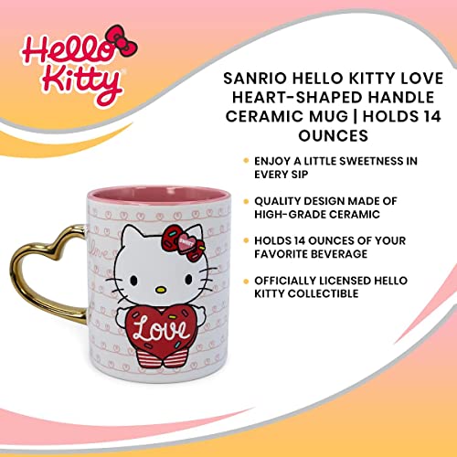 Sanrio Hello Kitty Love Heart-Shaped Handle Ceramic Mug | Large Coffee Cup For Espresso, Caffeine, Beverages, Home & Kitchen Essentials | Cute Valentine's Day Gifts and Collectibles | Holds 14 Ounces