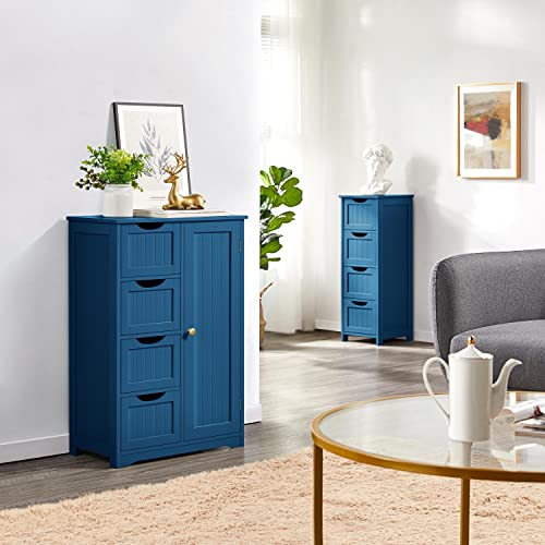 Yaheetech Wooden Bathroom Floor Cabinet, Side Storage Organizer Cabinet with 4 Drawers and 1 Cupboard, Freestanding Entryway Storage Unit Console Table, Bathroom Furniture Home Decor, Navy Blue