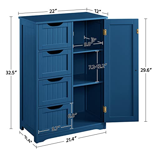 Yaheetech Wooden Bathroom Floor Cabinet, Side Storage Organizer Cabinet with 4 Drawers and 1 Cupboard, Freestanding Entryway Storage Unit Console Table, Bathroom Furniture Home Decor, Navy Blue