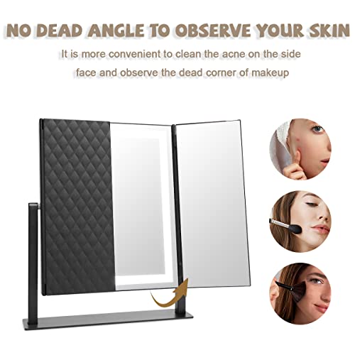 Hansong Tri-Fold Vanity Mirror 3 Color Lighting Modes Lighted Makeup Mirror 72 LED Trifold Makeup Mirror with Lights Strips 360 Degree Rotation Light Up Vanity Mirror Tabletop