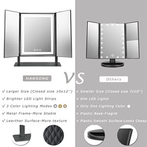 Hansong Tri-Fold Vanity Mirror 3 Color Lighting Modes Lighted Makeup Mirror 72 LED Trifold Makeup Mirror with Lights Strips 360 Degree Rotation Light Up Vanity Mirror Tabletop