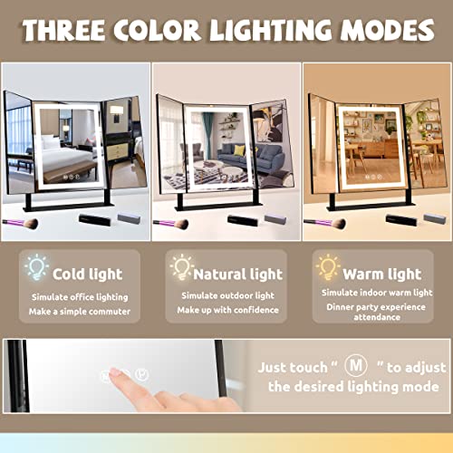 Hansong Tri-Fold Vanity Mirror 3 Color Lighting Modes Lighted Makeup Mirror 72 LED Trifold Makeup Mirror with Lights Strips 360 Degree Rotation Light Up Vanity Mirror Tabletop