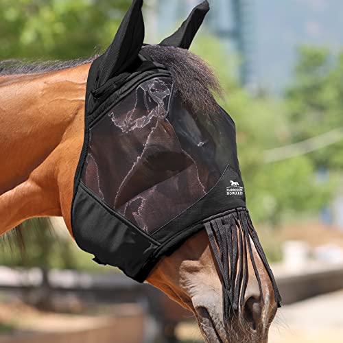 Harrison Howard CareMaster Horse Fly Mask with Ears and Nose Fringe Fly Protector Defender Mask Piano Black Full Size