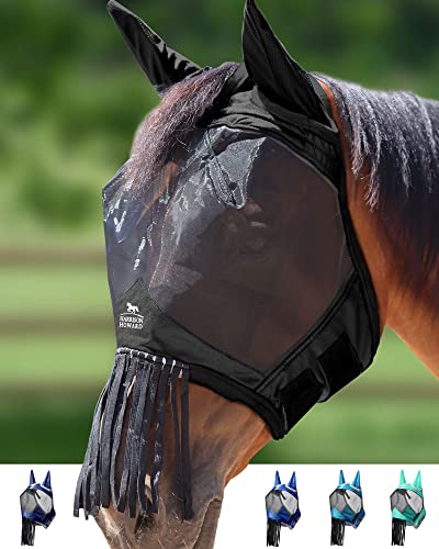 Harrison Howard CareMaster Horse Fly Mask with Ears and Nose Fringe Fly Protector Defender Mask Piano Black Full Size