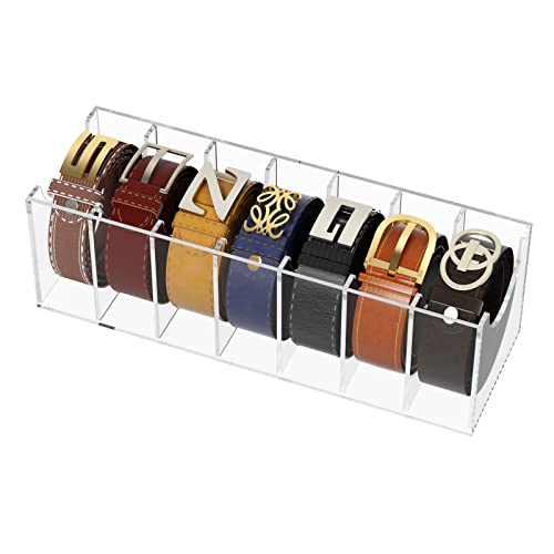 FEMELI Belt Organizer, Acrylic 7 Compartments Belt Container Storage Holder, Clear Belt Display Case for Closet Tie and Bow Tie