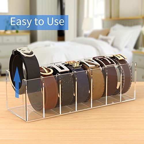 FEMELI Belt Organizer, Acrylic 7 Compartments Belt Container Storage Holder, Clear Belt Display Case for Closet Tie and Bow Tie