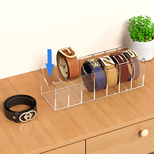 FEMELI Belt Organizer, Acrylic 7 Compartments Belt Container Storage Holder, Clear Belt Display Case for Closet Tie and Bow Tie