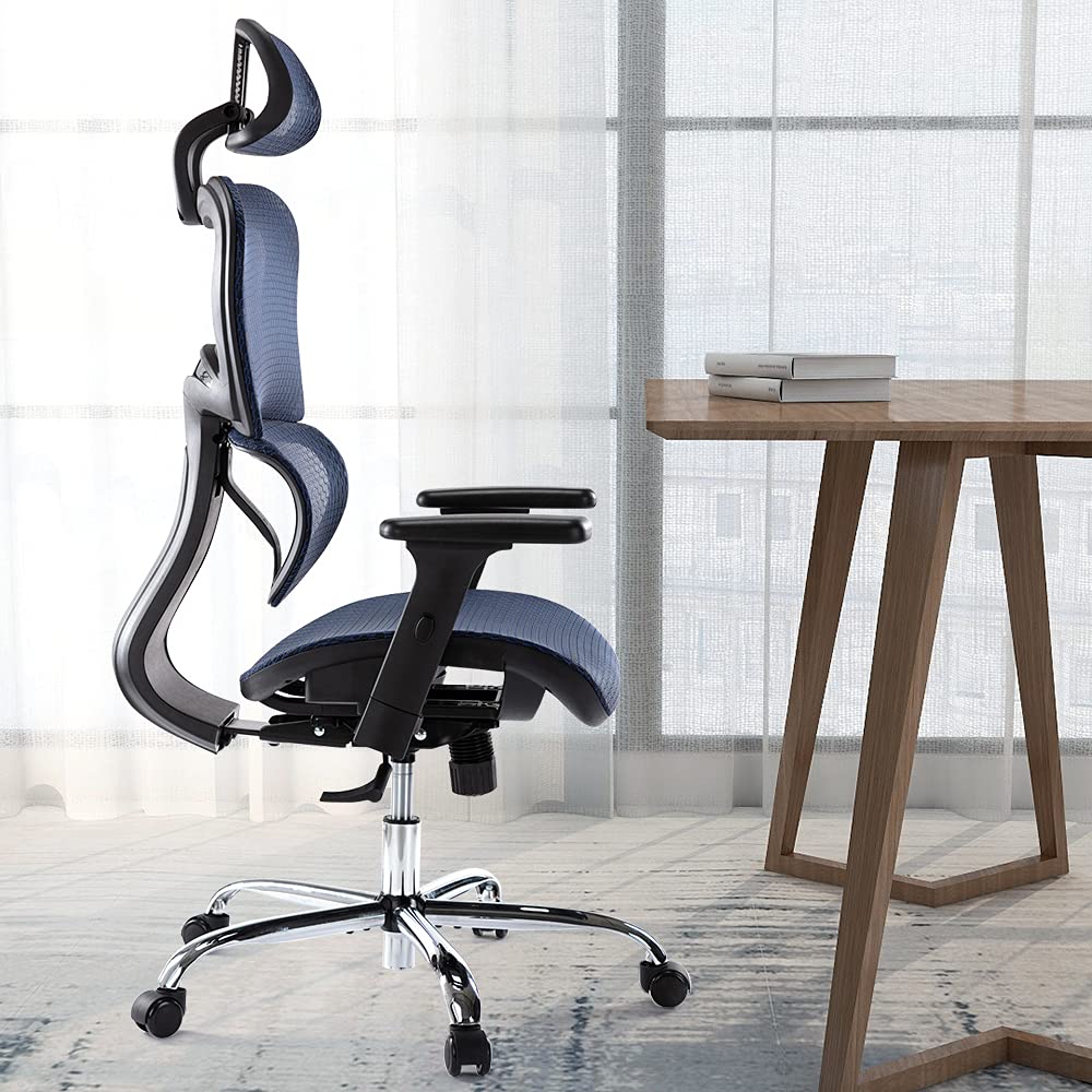 Ergonomic Chair, High Back Executive Desk Chair, Modern Office Chair with Lumbar Support, Breathable Mesh Chair, with 3D Adjustable Armrests,Headrest and Lumbar Support, Steelblue