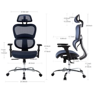 Ergonomic Chair, High Back Executive Desk Chair, Modern Office Chair with Lumbar Support, Breathable Mesh Chair, with 3D Adjustable Armrests,Headrest and Lumbar Support, Steelblue