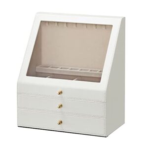 songmics jewelry box with slanted glass window, 3-layer jewelry organizer, 2 drawers, jewelry storage, modern style, window display, cloud white ujbc163w01