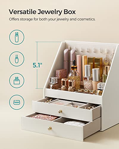 SONGMICS Jewelry Box with Slanted Glass Window, 3-Layer Jewelry Organizer, 2 Drawers, Jewelry Storage, Modern Style, Window Display, Cloud White UJBC163W01