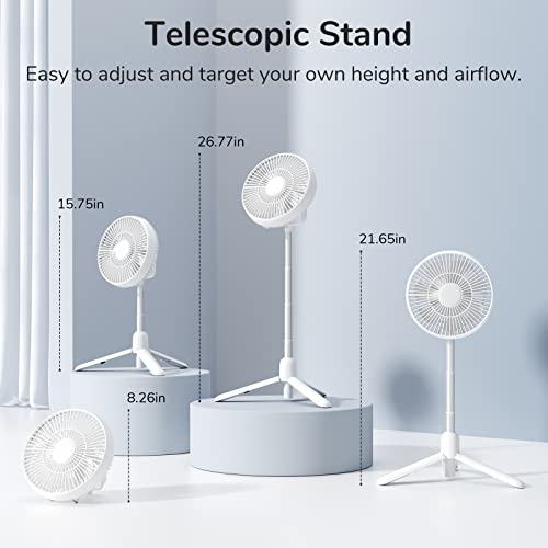 JISULIFE Camping Fan with LED Light, 8000mAh Battery Operated Fan, Telescopic Tripod, 4-IN-1 Multifunction Fan with Remote Control, Timer, 4 Speeds, Portable Floor Fan for Bedroom/Outdoor/Travel-White