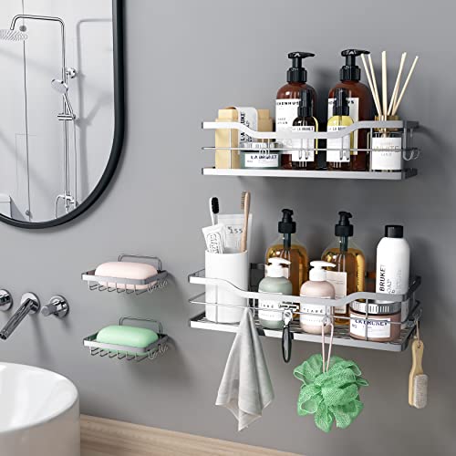 4 Pack Shower Caddy Basket Shelf with Soap Holder, No drilling Shower Organizer with 14 Hooks for Hanging Sponge, Towels or Razor, Rustproof Shower Shelves for Bathroom, Kitchen, Toilet, Power Room