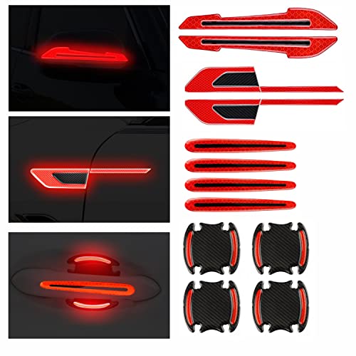 Yungeln Carbon Fiber Car Door Handle Stickers Rearview Mirror Reflective Warning Stickers Universal Auto Door Handle Scratch Cover Guard Protective Film Pad with Safety Reflective Strips 12 Pack