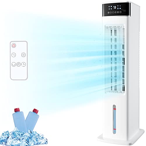 Uthfy Evaporative Air Cooler, 30" Tower Fan that Blow Cold Air with Remote Control, 3 Speeds, 12H Timer, Oscillating Bladeless Cooling Fans for Bedroom Home Office