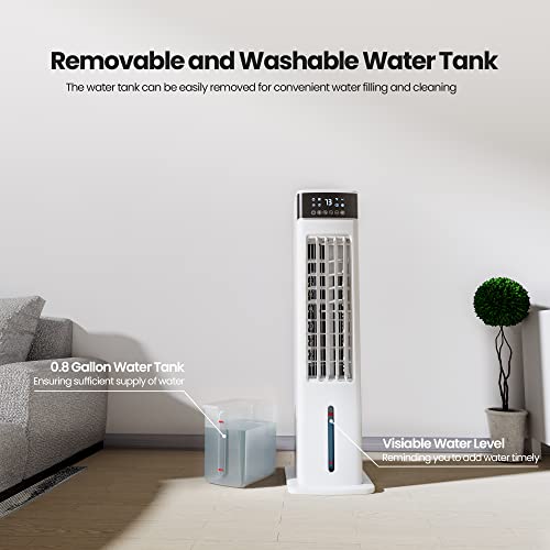 Uthfy Evaporative Air Cooler, 30" Tower Fan that Blow Cold Air with Remote Control, 3 Speeds, 12H Timer, Oscillating Bladeless Cooling Fans for Bedroom Home Office