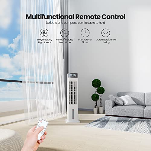 Uthfy Evaporative Air Cooler, 30" Tower Fan that Blow Cold Air with Remote Control, 3 Speeds, 12H Timer, Oscillating Bladeless Cooling Fans for Bedroom Home Office