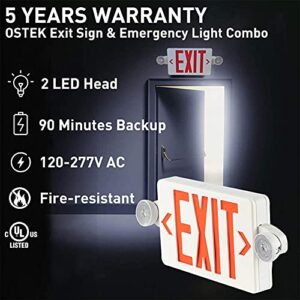 Exit Sign with Emergency Exit Lights, OSTEK ABS Fire Safety Red Emergency Exit Sign with 2 Adjustable Flood Lights, Double Face and 90min Long Backup Battery, (UL Certified 120-277V) (1pack)