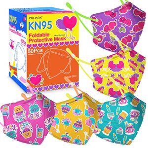 kids kn95 masks for children, 50 pack 5 ply kn95 mask for kids with adjustable earloop, multicolor print children's mask breathable face masks for girls boys