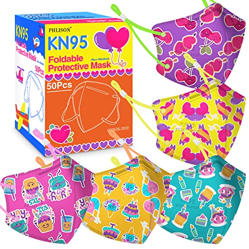 Kids KN95 Masks for Children, 50 Pack 5 Ply KN95 Mask for Kids with Adjustable Earloop, Multicolor Print Children's Mask Breathable Face Masks for Girls Boys