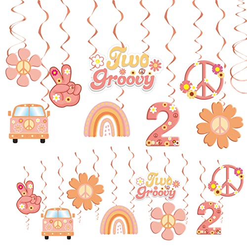 30 Pcs Two Groovy Party Hanging Swirls Decorations, Groovy Birthday Theme Ceiling Foil Swirls Party Supplies for 2 Year Old Girl Retro Hippie Boho Party Decor