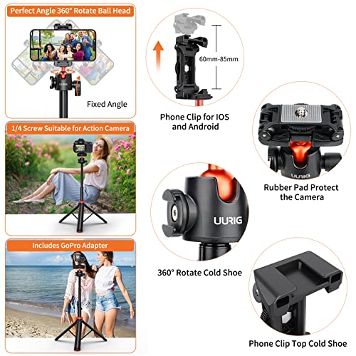 UURIG 52" Extendable Phone Tripod with Remote Selfie Stick 360° Ball Head Camera Tripod with 2 in 1 Phone Clip Cell Phone Stand for iPhone 14/13/12 Pro Max/Samsung/GoPro/Camera