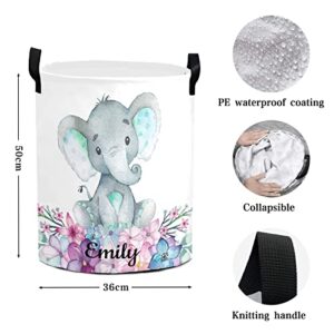 Grandkli Cute Floral Elephant Personalized Freestanding Laundry Hamper, Custom Waterproof Collapsible Drawstring Basket Storage Bins with Handle for Clothes, Toy, 50cm x 36cm