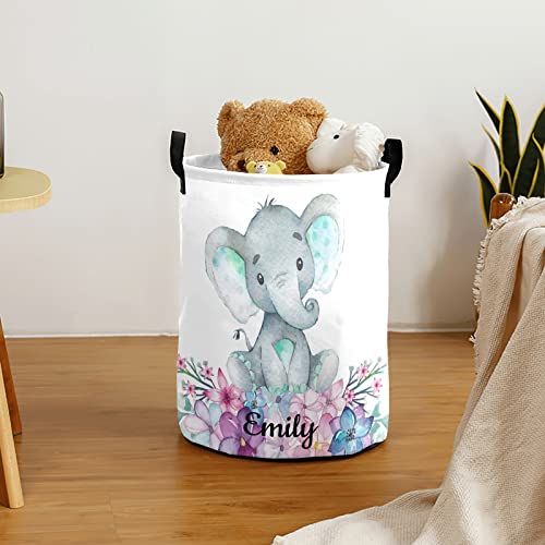 Grandkli Cute Floral Elephant Personalized Freestanding Laundry Hamper, Custom Waterproof Collapsible Drawstring Basket Storage Bins with Handle for Clothes, Toy, 50cm x 36cm