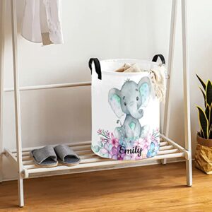 Grandkli Cute Floral Elephant Personalized Freestanding Laundry Hamper, Custom Waterproof Collapsible Drawstring Basket Storage Bins with Handle for Clothes, Toy, 50cm x 36cm