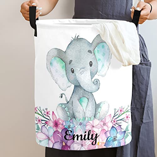 Grandkli Cute Floral Elephant Personalized Freestanding Laundry Hamper, Custom Waterproof Collapsible Drawstring Basket Storage Bins with Handle for Clothes, Toy, 50cm x 36cm