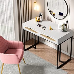 vistavie simple modern computer desk with drawers, laptop table white desks with 2 storage space writing study workstation for home office, makeup vanity table bedroom, living room