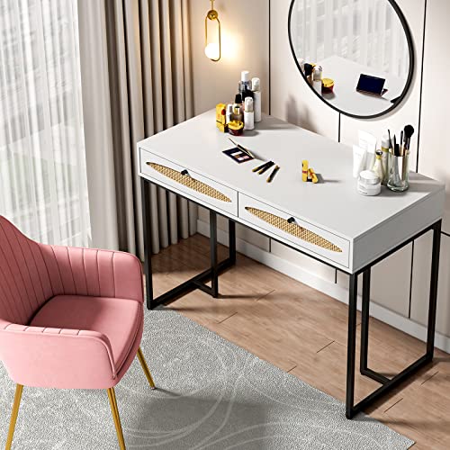 vistavie Simple Modern Computer Desk with Drawers, Laptop Table White Desks with 2 Storage Space Writing Study Workstation for Home Office, Makeup Vanity Table Bedroom, Living Room