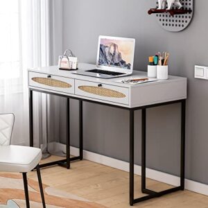 vistavie Simple Modern Computer Desk with Drawers, Laptop Table White Desks with 2 Storage Space Writing Study Workstation for Home Office, Makeup Vanity Table Bedroom, Living Room