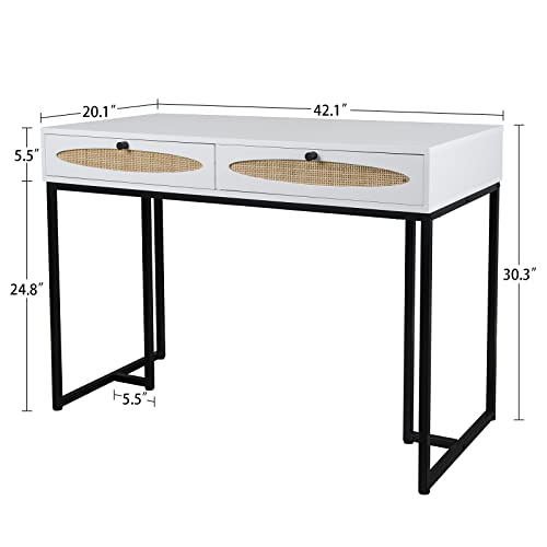 vistavie Simple Modern Computer Desk with Drawers, Laptop Table White Desks with 2 Storage Space Writing Study Workstation for Home Office, Makeup Vanity Table Bedroom, Living Room