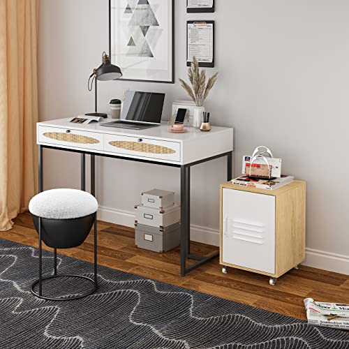 vistavie Simple Modern Computer Desk with Drawers, Laptop Table White Desks with 2 Storage Space Writing Study Workstation for Home Office, Makeup Vanity Table Bedroom, Living Room