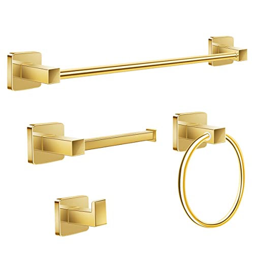 Bathroom Hardware Set 4 Pieces,Gold Towel Bar Set Stainless Steel, 17In Hand Towel Bar, Towel Ring, Robe Towel Hooks,Toilet Paper Holder, Bathroom Towel Rack Set