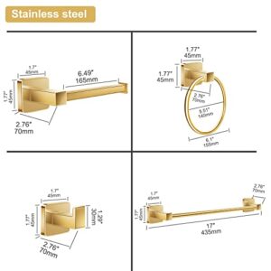 Bathroom Hardware Set 4 Pieces,Gold Towel Bar Set Stainless Steel, 17In Hand Towel Bar, Towel Ring, Robe Towel Hooks,Toilet Paper Holder, Bathroom Towel Rack Set