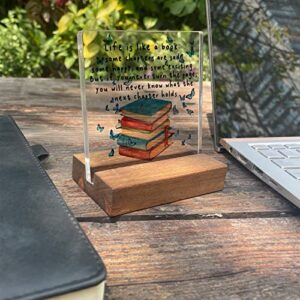 Book Quote Home Office Desk Decor Sign Inspirational Book Lover Gift Butterfly Acrylic With Wooden Stand Sign for Book Lover Cowoker Sister Women Friends Gift