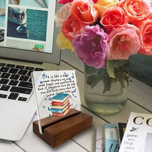 Book Quote Home Office Desk Decor Sign Inspirational Book Lover Gift Butterfly Acrylic With Wooden Stand Sign for Book Lover Cowoker Sister Women Friends Gift