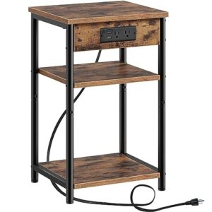 rolanstar end table with charging station, 3 tier slim nightstand with storage shelf, narrow side table with usb ports & power outlets, steel frame for living room, bedroom, rustic brown