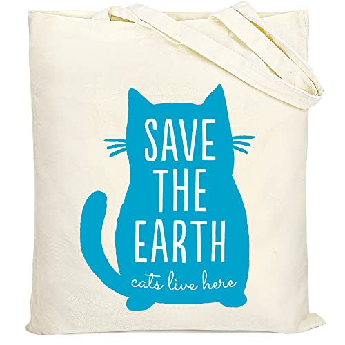 LotFancy Canvas Tote Bag for Women, Large Cute Tote Bag with Inner Pocket, Double Printed Reusable Grocery Bag for Beach School Travel, Book Tote Bags (CAT SAVE THE EARTH)