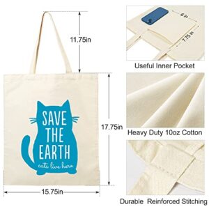 LotFancy Canvas Tote Bag for Women, Large Cute Tote Bag with Inner Pocket, Double Printed Reusable Grocery Bag for Beach School Travel, Book Tote Bags (CAT SAVE THE EARTH)