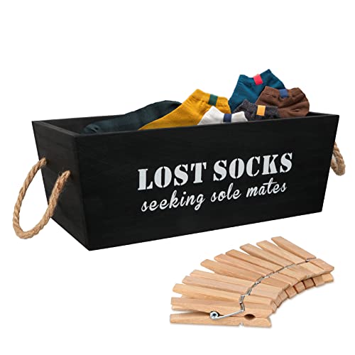 Zimso Lost Socks Basket Lost Socks Laundry Sign, Rustic Wooden Missing Socks Laundry Decor, Laundry Room Lost Socks Sign With Basket, Laundry Room Farmhouse Decor (Black)