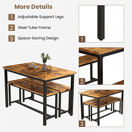 Recaceik 47” Dining Table Set with Benches, 3 Pieces Dining Room Table Set for 4, Wood Kitchen Table and Chair Set with Sturdy Frame, Space Saving Dinette Set for Breakfast Nook, Brown