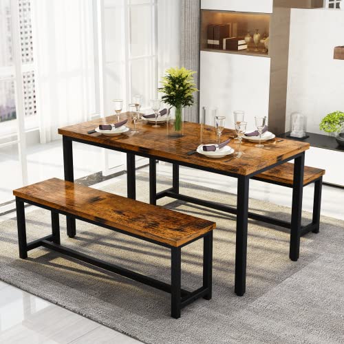 Recaceik 47” Dining Table Set with Benches, 3 Pieces Dining Room Table Set for 4, Wood Kitchen Table and Chair Set with Sturdy Frame, Space Saving Dinette Set for Breakfast Nook, Brown