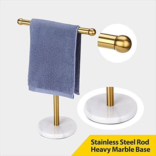 Pkfinrd Gold Hand Towel Holder Stand with Heavy Marble Base, T-Shape Towel Rack, Free-Standing for Bathroom Vanity Countertop, 304 Stainless Steel (Color : Gold)