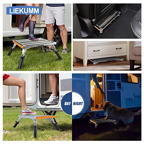 LIEKUMM 18.9"x14.6" RV Step, Holds Up to 1000LBS, Aluminum Folding Platform Step with Non-Slip Rubber Feet, Adjustable Height RV Stool with Friction Strips and Handle for Motorhome SUV Camping Trailer