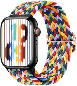 wangmai compatible with apple watch band 38mm 40mm 41mm 42mm 44mm 45mm 49mm, adjustable stretchy elastic braided solo loop wristbands for iwatch series 8 7 6 5 4 3 2 1 se ultra, rainbow 38mm/40mm/41mm