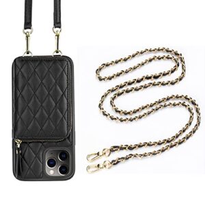 lameeku designed for iphone 11 pro wallet case, case wallet with crosbody leather strap & gold chain strap compatible for iphone 11 pro-black